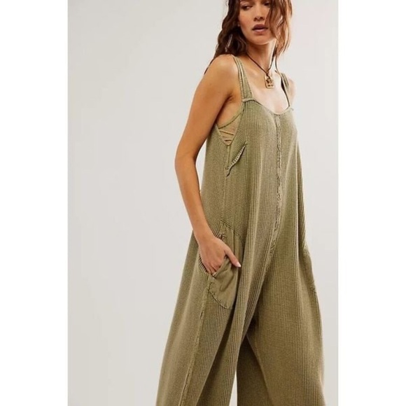 Free People Pants - Free People FP One Callie One-Piece Wide-Legs Open Back Thermal Jumpsuit M Green